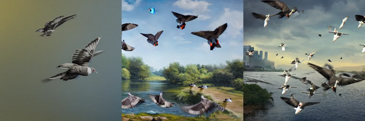 Prompt: catapult shooting pigeons over a river, photorealistic