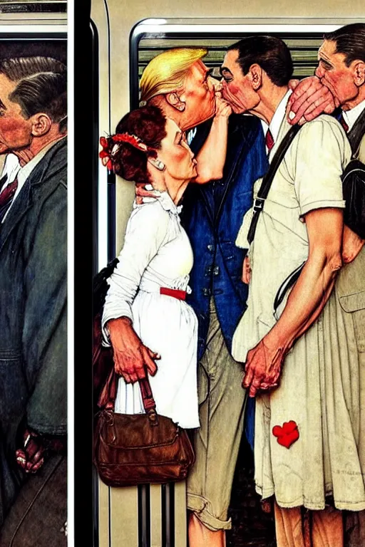 Image similar to romantic couple reunited in a train station, norman rockwell painting of donald trump kissing donald trump