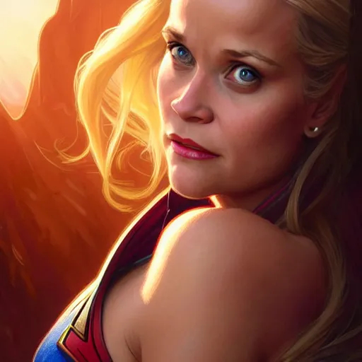 Image similar to Reese Witherspoon as Super Girl, western, D&D, fantasy, intricate, elegant, highly detailed, digital painting, artstation, concept art, matte, sharp focus, illustration, art by Artgerm and Greg Rutkowski and Alphonse Mucha