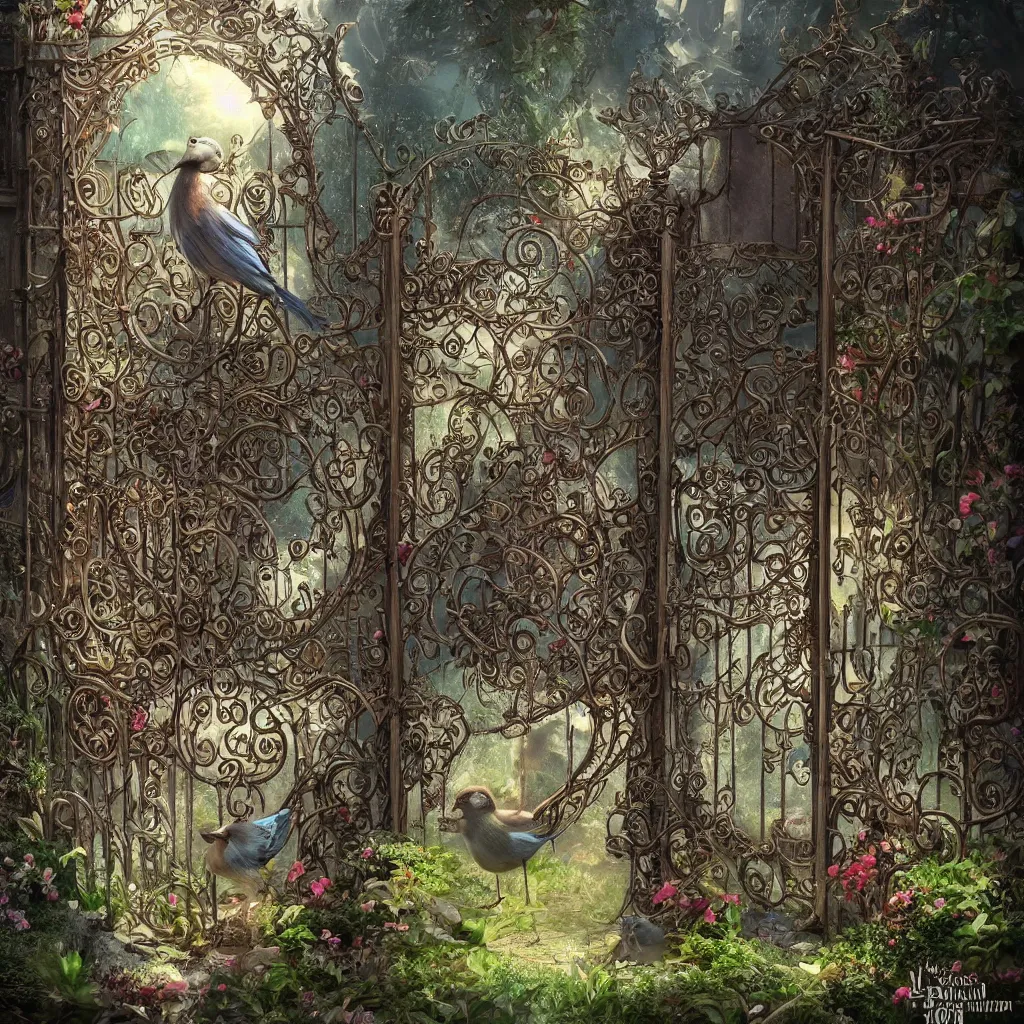 Image similar to the twitter bird standing aggressively in front of a gate to a whimsical garden and nobody is allowed inside the gate, wide view, concept art, intricate details, highly detailed, award winning, dramatic lighting, intricate details, cg, artstation