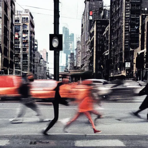 Prompt: Rotoscoped People running away from the ghosts of their past through a city of endless busy intersections, stop lights, stop signs, billboards, a city of endless busy intersections, deep color, by peter lindbergh