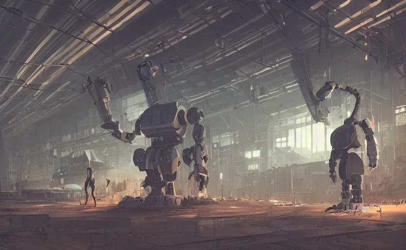 Image similar to a huge broken robot standing in a mess warehouse, crystal lights, sci - fi atmosphere, cel - shading, cinematic, artstation, studio ghibli, miyazaki, highly details