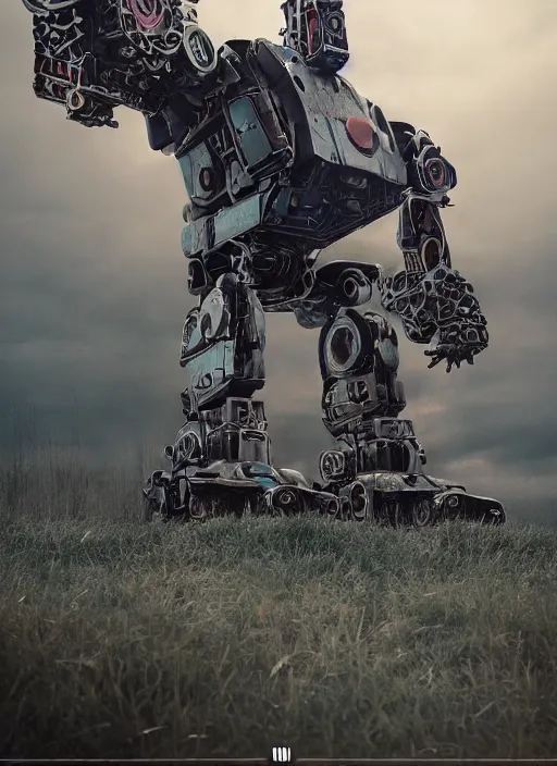 Prompt: Giant It Clown robot on a dusky land, cinematic shot, intricate, ornate, photorealistic, ultra detailed, realistic, 100mm, photography, octane, high definition, depth of field, bokeh, 8k, artstation