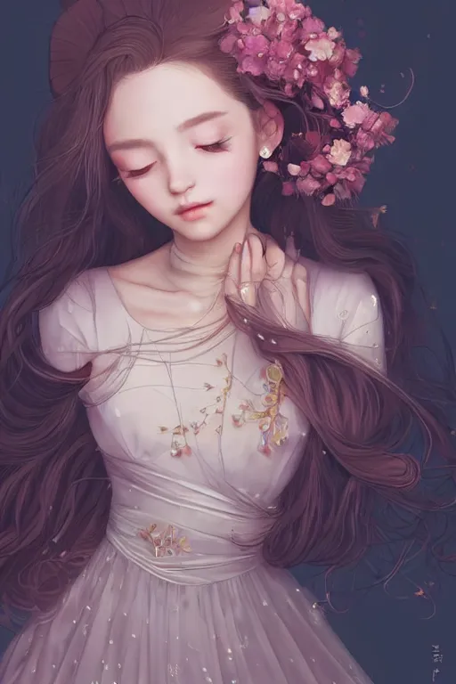 Image similar to romantic and fashion and love princess of the flower with sheath dress, 8 k realistic, teenager girl, baroque, symmetrical, flowing hair, smile, trending pinterest and pixiv, muted colors, hyperrealistic, l close up shot, character concept art, face by kyoung hwan kim, alexandra fomina, ilya kuvshinov