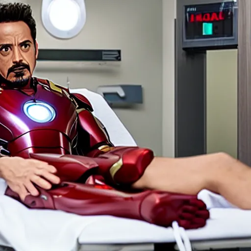 Image similar to iron man lying in a hospital bed getting treatment from doctor house