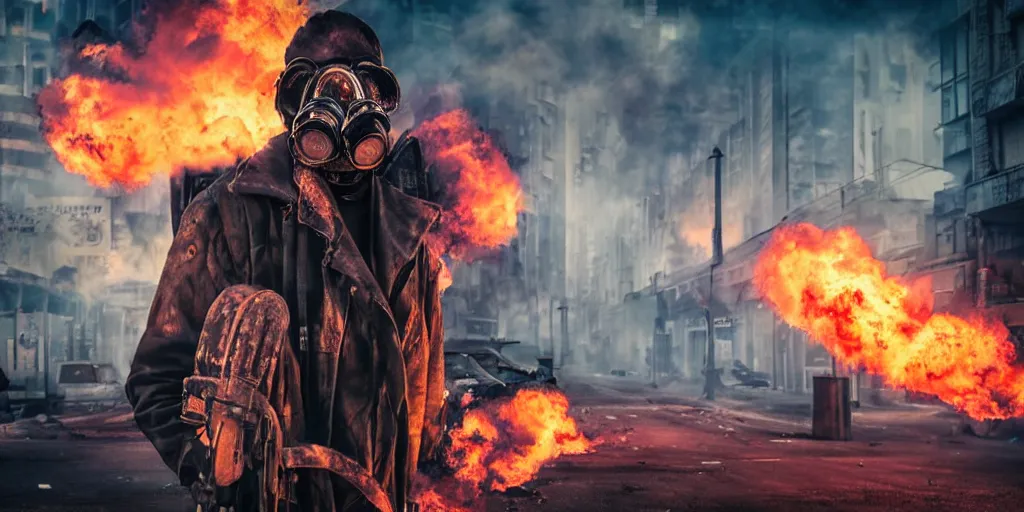 Image similar to post - apocalyptic city streets, close - up shot of an anarchist with a gasmask, burning cars, explosions, colorful smoke, hyperrealistic, gritty, damaged, dark, urban photography, photorealistic, high details