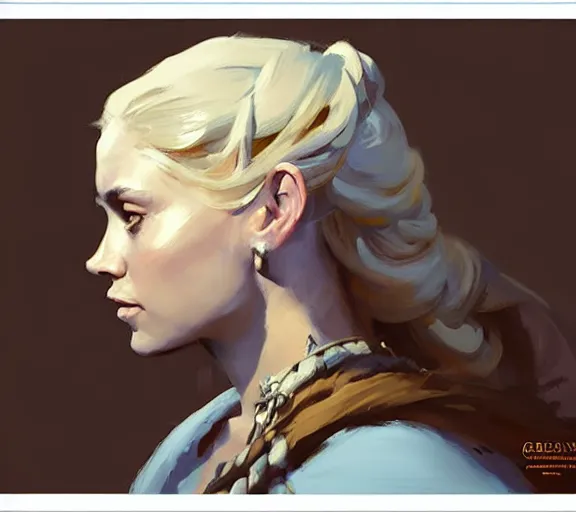 Image similar to greg manchess portrait painting of beautiful princess as game of throne character, medium shot, asymmetrical, profile picture, organic painting, sunny day, matte painting, by greg rutkowski, by greg tocchini, by james gilleard, by joe fenton, dynamic lighting, gradient light blue, brown, blonde cream and white color scheme, grunge aesthetic