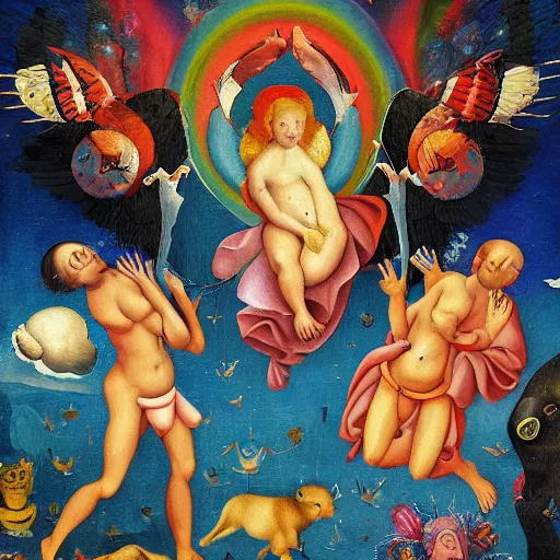 Prompt: a masterpiece apotheosis painting by bosch and greg rutowski and lisa frank