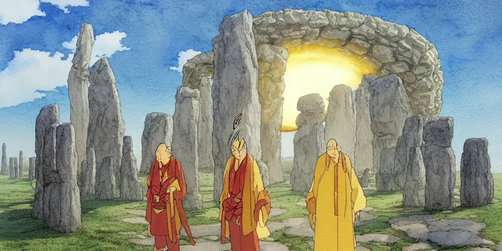 Prompt: a hyperrealist studio ghibli watercolor fantasy concept art of a giant chinese god and a small grey alien with a yellow robe in stonehenge in the early morning. a giant gold ufo is floating in the air. by rebecca guay, michael kaluta, charles vess