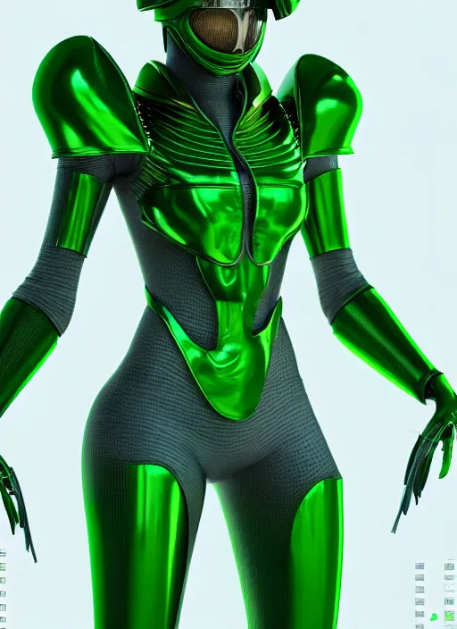 Prompt: green suit shroud and helmet, skin concept androgyne, in full growth, DIGITAL FASHION, biopunk, metaverses, Guyver style, 3d, cinematic, hyper realism, high detail, octane render, 8k, chrome accents, art by Hans Giger