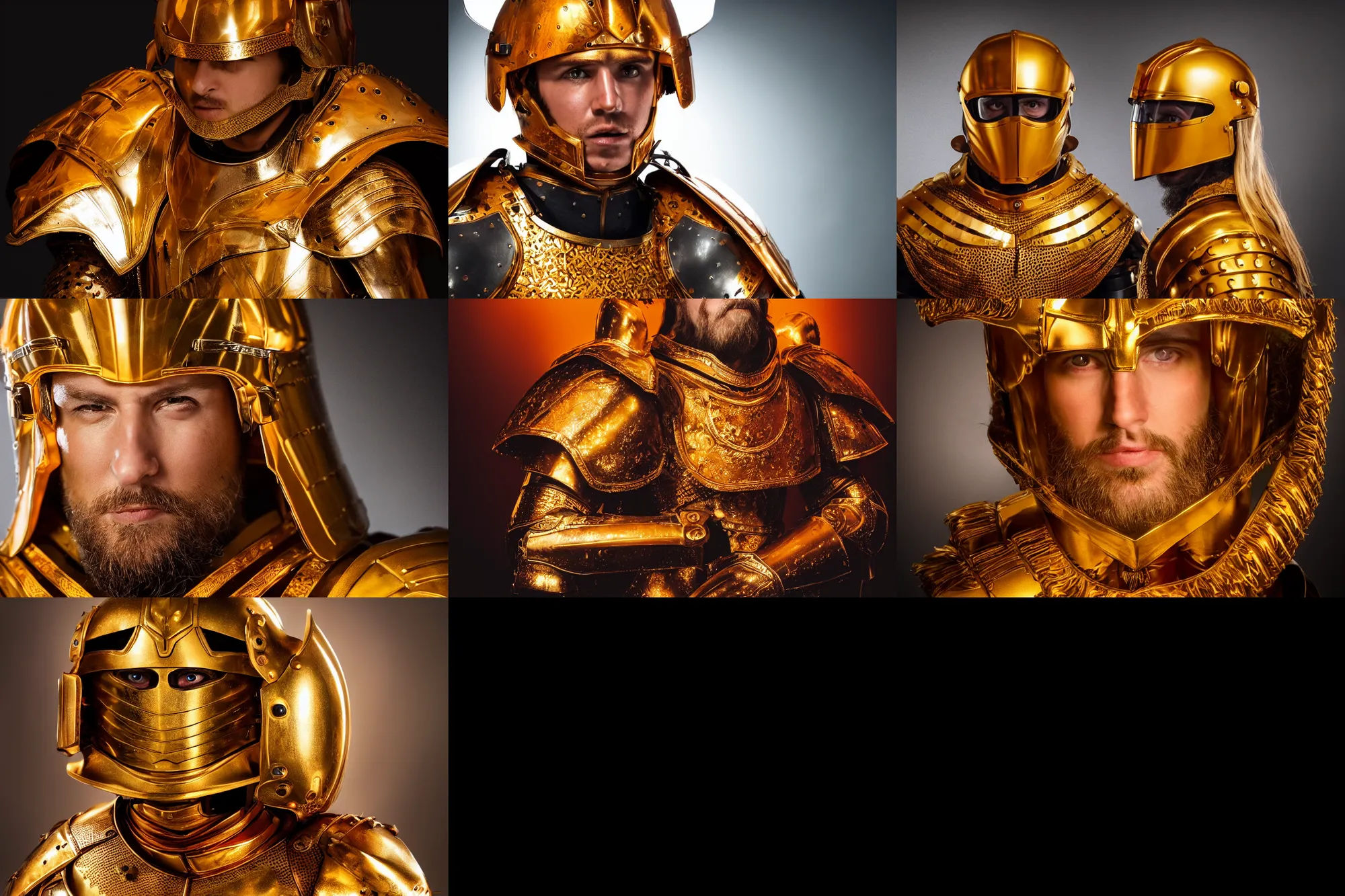 Prompt: a cinematic studio headshot portrait of jeasus wearing gold plated armour, orange color theme, dramatic lighting, back light, hair light, rim light, 4 k, ultra realistic, by annie leibovitz