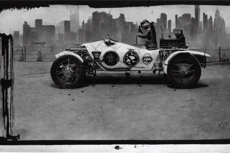 Image similar to cyberpunk 1 9 0 3 stanley steamer racecar by paul lehr, metropolis, view over city, vintage film photo, damaged photo, scratched photo, scanned in, old photobook, silent movie, black and white photo