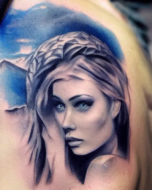 Prompt: tattoo design sketch of a beautiful blue - eyed woman face with a faded background of beautiful mountains on her side, hyper - realistic, in the style of den yakovlev, amazing detail, black and white