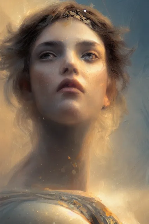 Image similar to greek goddess of ai art, close - up portrait, powerfull, intricate, elegant, volumetric lighting, scenery, digital painting, highly detailed, artstation, sharp focus, illustration, concept art, ruan jia, steve mccurry