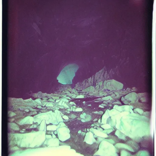 Image similar to a dark and narrow glacier cave, deep, dark, creepy, eerie, unsettling, terrifying, old polaroid, expired film, deep,