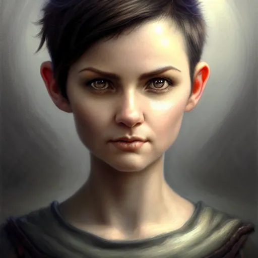 Prompt: portrait of a beautiful cute strong brave realistic! female gnome engineer, short black hair, pixie undercut hairstyle, wide angle, d & d, micro detail, intricate, elegant, highly detailed, centered, rule of thirds, artstation, sharp focus, illustration, artgerm, tomasz alen kopera, donato giancola, wlop