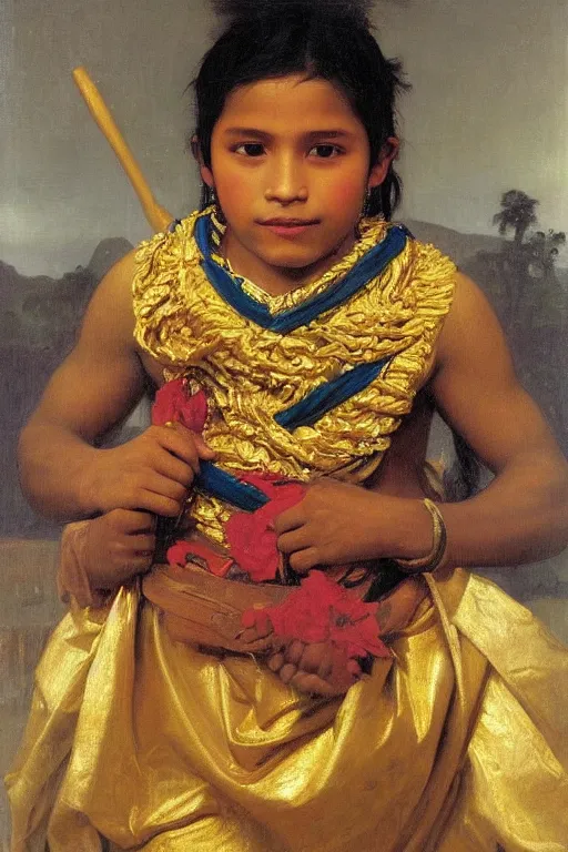 Image similar to portrait of a peruvian young inca prince covered with gold, bouguereau