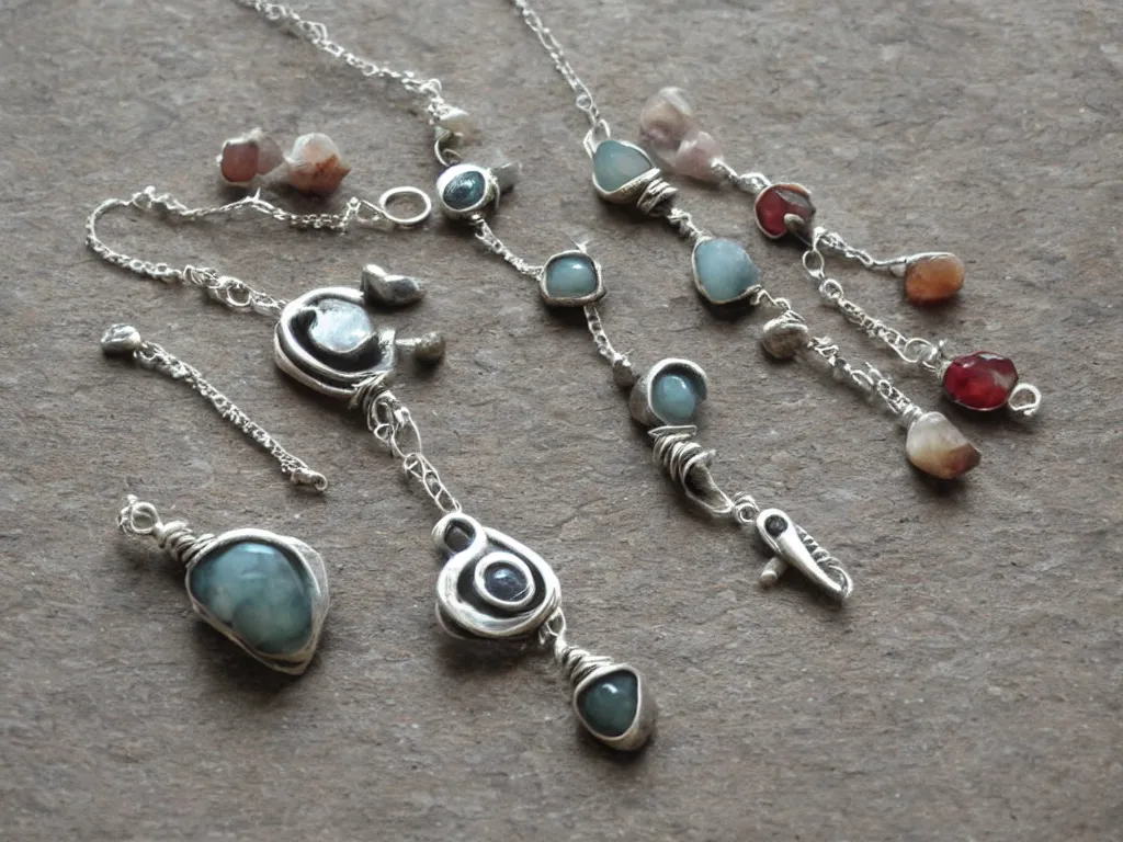 Prompt: rustic hand made jewelry hand crafted from silver and natural gemstones