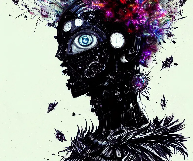 Prompt: gothic mute hybrid cyborg wearing cybor clothes shaping the universe, freedom fighter, eerie, cinematic, epic, 8 k, ultra realistic, rendered by awesomeness. | nights falling wind is blowwing snow is pilling concept art in style of carne griffiths artwork by xsullo. | backround of beautiful floweres floatingby elson, peter kemp, peter