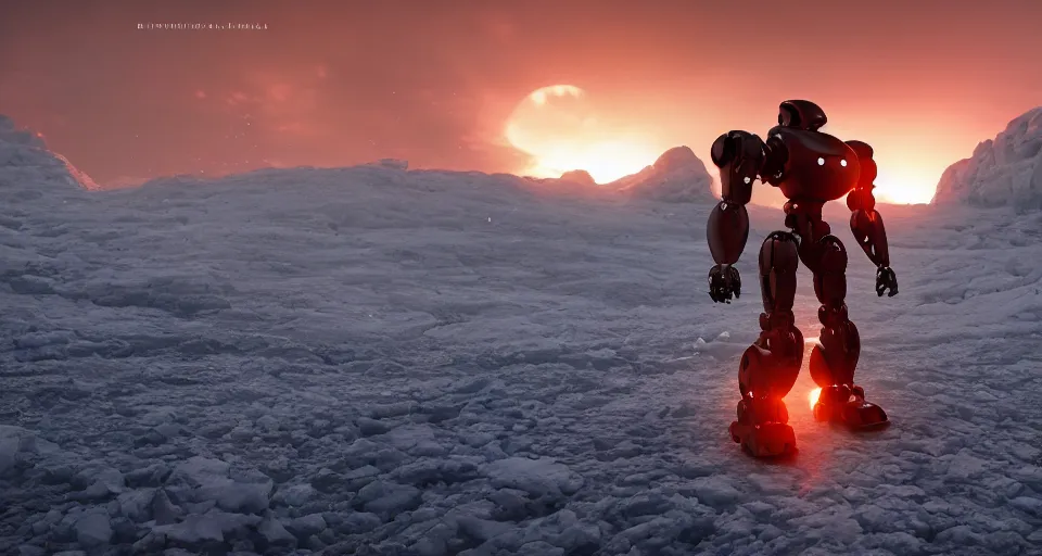 Image similar to huge robot standing in a vast, icy landscape, snow, severe weather, sunset, atmospheric, by artgerm, yoshitaka amano, 8 k, octane render, unreal engine