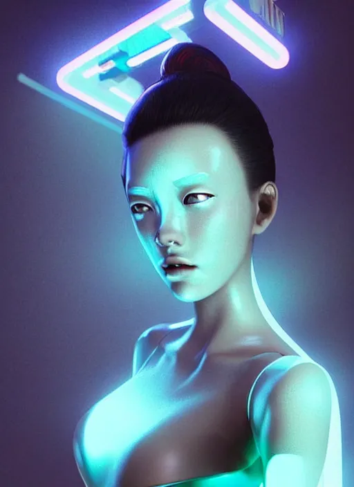 Image similar to a beautiful oriental female humanoid with freckled cheeks, cyber neon lighting, futurism, intricate futuristic jewelry accessories, cyberpunk glossy white latex swimsuit, profile posing, hyper photorealistic, crispy quality, digital photography, trending in artstation, trending in pinterest, cinematic, 4 k ultra hd, art by pascal blanche, art by greg rutkowski,