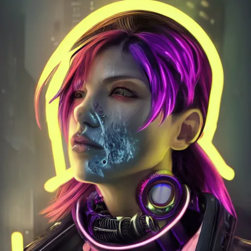 Image similar to detailed realistic cyberpunk female character cyberpunk wearing large steel collar around neck, realistic, art, beautiful, 4K, collar, choker, collar around neck, punk, artstation, detailed, female, woman, choker, cyberpunk, neon, punk, collar, choker, collar around neck, thick collar, choker around neck, wearing choker, wearing collar, bright neon punk hair, collar, choker,