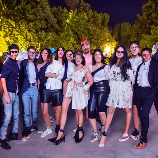 Image similar to a group of people are dressed in similiar fashion in an outdoor party in italy, wide lens shot, 3 0 mm, f 2. 8, concept party, themed object, high quality hd 8 k flash photography