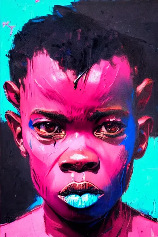 Image similar to portrait of a stylized african young angry boy painted in acrylic, pigment, in the colors hot pink and cyan, beautiful realistic face, rule of thirds, spotlight, by greg rutkowski, by jeremy mann, by francoise nielly, by van gogh, by ross tran, in focus