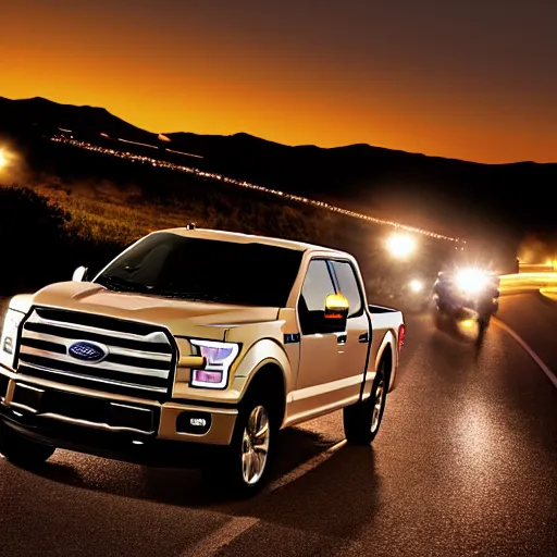 Prompt: ford f - 1 5 0 tailgating a car on the highway with the highbeams on, nighttime, photo, detailed