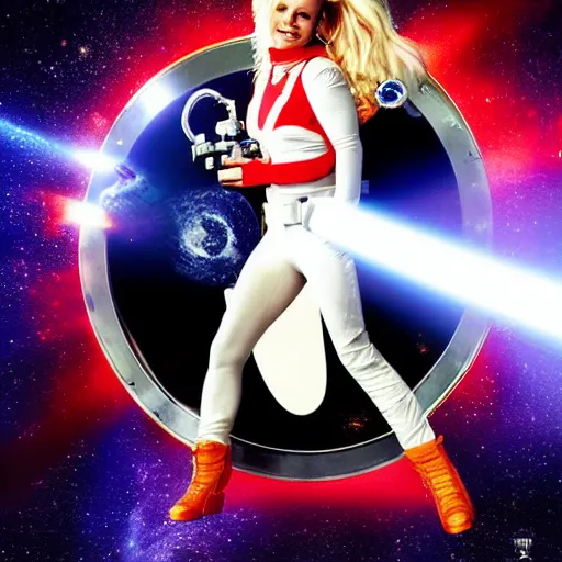 Image similar to of a great movie poster of britney spears as a hero sci fi space cosmonaut holding a raygun in a nice action pose, there is an explosion on the background of a space station shaking britney's hair and lighting her with a rim light, she is laughing, opps i did it again, f 2. 8, advertising lighting,