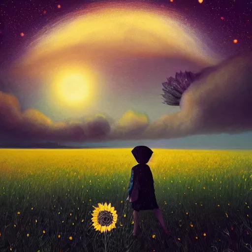 Image similar to giant black daisy flower over head, girl walking in wheat field, hills, surreal photography, dark night, star trails, dramatic light, impressionist painting, clouds, digital painting, artstation, simon stalenhag