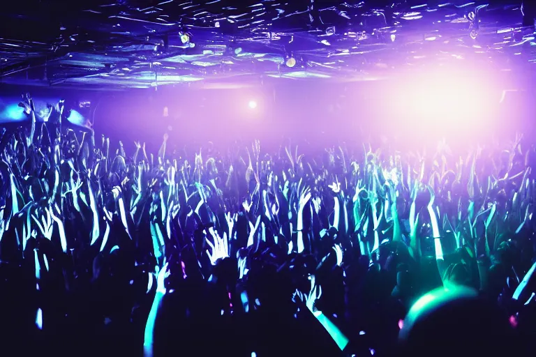 Prompt: dj on stage with raised hands looking over crowd partying with their hands up at a club, volumetric lighting, haze, moving heads light beams, spot lights, disco ball, silhouette, digital art, trending on artstation, 4k, unreal engine, intricate, ornate