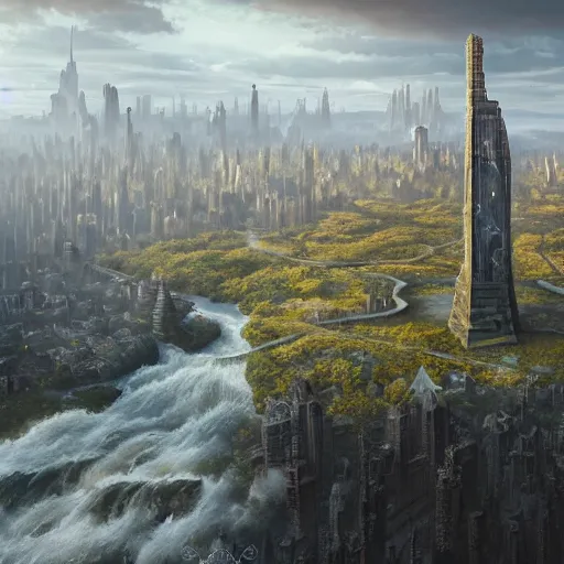 Prompt: an ultra detailed matte painting of a lonely and impossibly tall ominous dark tower elevated high above the city, on an isolated plateau island in a river elevated high above the city fortress tower, fantasy capital city, ultrawide lense, aerial photography, volumetric lighting, exquisite detail, 8 k, art by artgerm and greg rutkowski and alphonse mucha