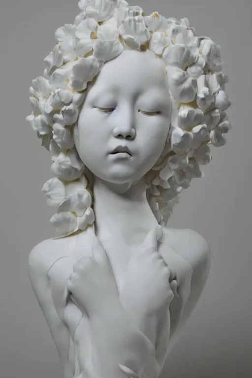 Image similar to full head and shoulders, beautiful female porcelain sculpture by daniel arsham and audrey kawasaki, smooth, all white features on a white background, delicate facial features, white eyes, white lashes, detailed white 3 d giant poppies on the head