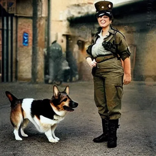 Image similar to female soldier with corgi sniffer dog, old photograph in sci-fi city