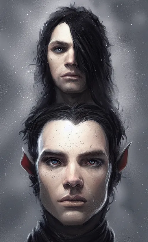 Image similar to Portrait of an elf in a black cloak, black hair, glowing eyes, male, detailed face, fantasy, highly detailed, cinematic lighting, digital art painting by greg rutkowski