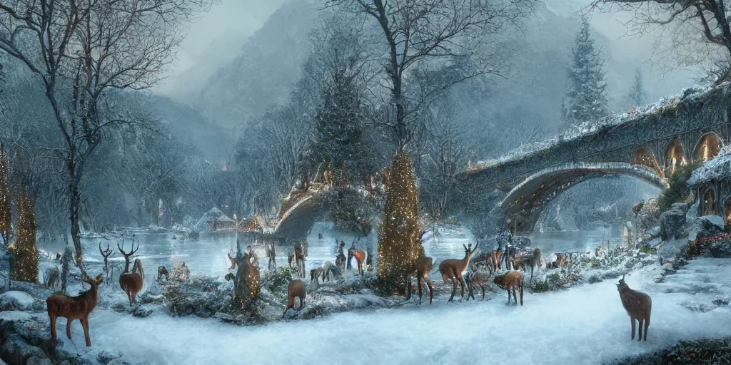 Image similar to Rivendell Christmas winter with deers, detailed matte painting, cinematic, Alan Lee, Artstation