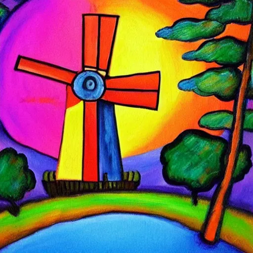 Image similar to bosch painting of a windmill using lisa frank colors