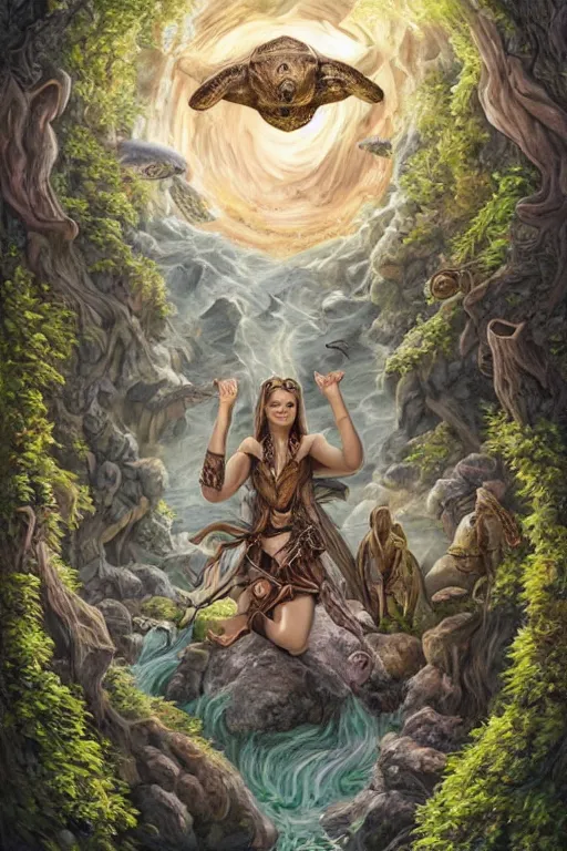 Image similar to A fantasy book style portrait painting of the Great Turtle Island at the center of the Universe, accompanied by a hybrid of, Anya_Taylor-Joy, Cory Chase, as a Mystical Valkyrie, Anubis-Reptilian, Atlantean Warrior, Cozy, hotspring hidden in a Cave, candlelight, towels, cushions, natural light, lush plants and flowers, elegant, smooth cave rock, fantasy, atmospheric lighting, digital painting, François Boucher, Oil Painting, Crisp clear resolution, unreal 5, DAZ, hyperrealistic, octane render, Regal, Refined, Detailed Digital Art, RPG portrait, William-Adolphe Bouguereau, Michael Cheval, Walt Disney (1937), Steampunk, Volumetric Golden dappled dynamic lighting, Highly Detailed, Cinematic Lighting, Unreal Engine, 8k, HD