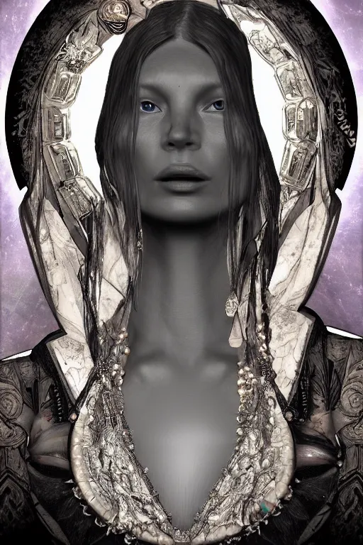 Prompt: a realistic dark photo of a beautiful ancient alien woman goddess kate moss in jewelery and fractals in style of alphonse mucha art nuvo dmt lsd trending on artstation made in unreal engine 4