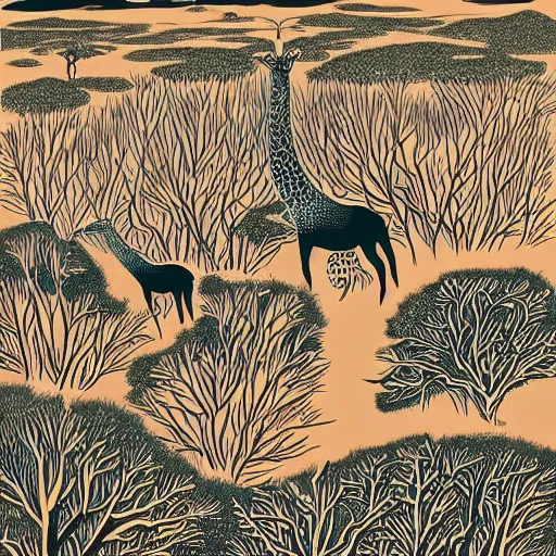 Prompt: safari on a surreal martian like world, strange unknown tall giraffe like creatures roaming the barren plains, woodblock, black fine lines on warm brown, by stanley donwoood, by victo ngai