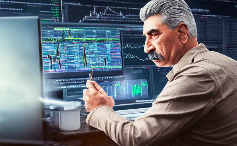 Image similar to angry realistic josef stalin trading forex in front of computer trading bitcoin, 8 k, hyper detailed, 2 0 k, realistic, product lighting, by onesal, by sixnfive, behance 3 d, studio photography dslr, photoreal epic composition