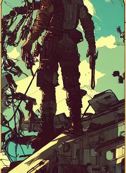 Prompt: hector. cyberpunk mercenary with scenic background. portrait illustration, pop art, art by ashley wood, alphonse mucha, laurie greasley and josan gonzales. cinematic. beautiful lighting.