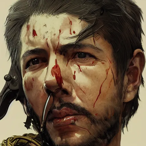 Image similar to portrait of a war hero holding his sword in front of his face by yoji shinkawa, high quality, extra details, realism, ornate, colored, golden chain, blood, white skin, short hair, brown eyes, vivid, sunlight, dynamic, american man, freedom, white american soldier, painting