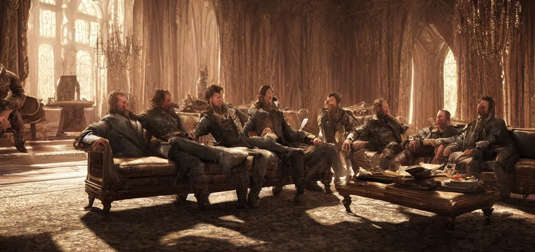 Image similar to a highly detailed picture of the reaction guys sitting on a couch that looks like the iron throne, four excited men, 8 k, artstation, volumetric lighting, smooth, highly detailed, octane render, by andres rocha and albert bierstadt and greg rutkowski