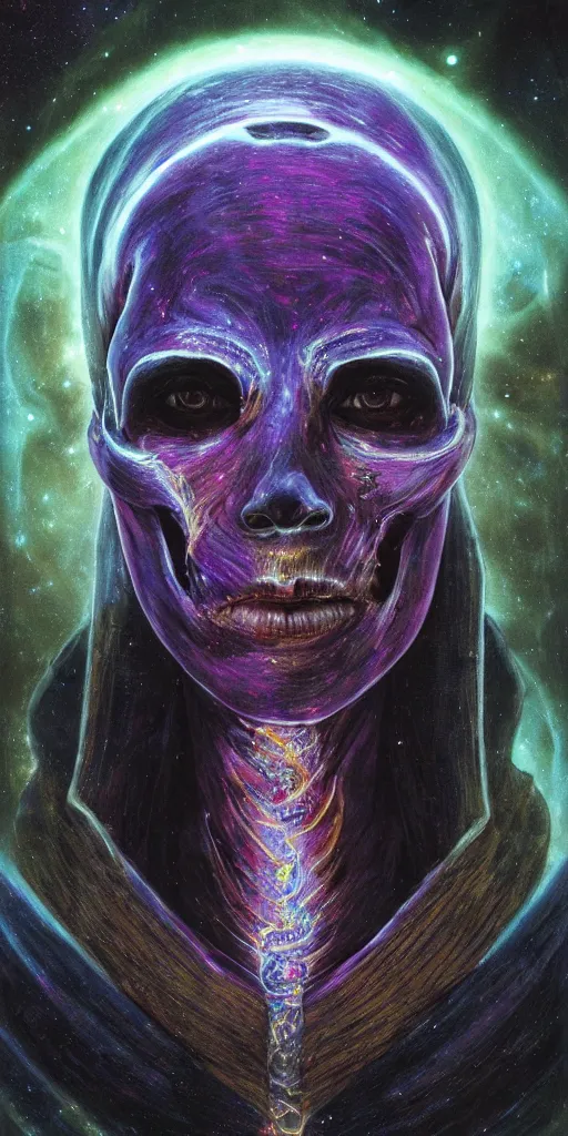 Prompt: intense glowing egyptian mummy god with ancient bandages and intense black eyes with a skull in very dark cosmic nebula by artgerm and beksinski and alphonse mucha, portrait, centered, symmetrical, clear, light beams, lens flare, intense, pharoah, uhd, amazing depth, cinematic lighting, black and purple and shining gold