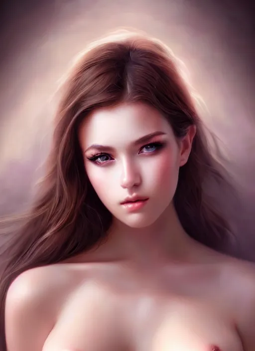 Image similar to a gorgeous female photo, professionally retouched, soft lighting, half body shot, realistic, smooth face, perfect eyes, symmetrical, wide angle, sharp focus on eyes, 8 k high definition, insanely detailed, intricate, elegant, art by artgerm, misty