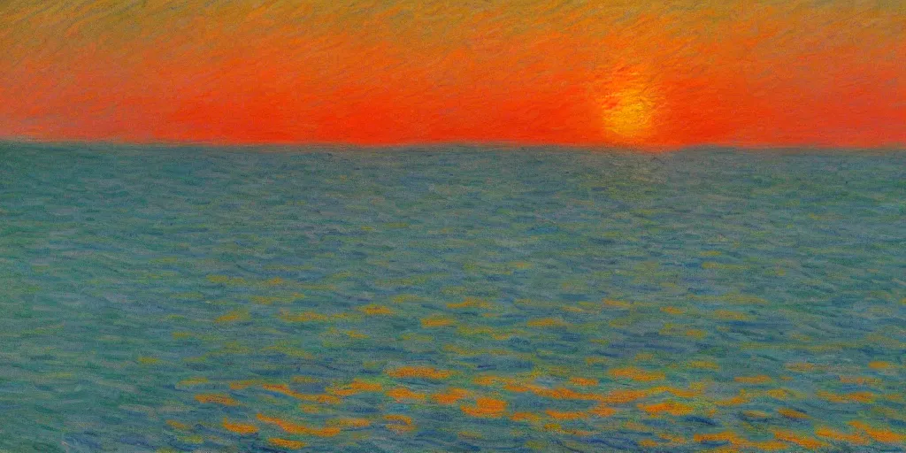 Prompt: An aesthetically pleasing, dynamic, energetic, lively, well-designed digital art of the ocean at sunset, light and shadow, by Claude Monet, superior quality, masterpiece, excellent use of negative space. 8K, superior detail.