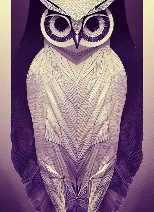 Image similar to portrait of a geometric owl, identical eyes, medium shot, illustration, full body made of white feathers, symmetrical, art stand, super detailed, cinematic lighting, and its detailed and intricate, gorgeous, by peter mohrbacher