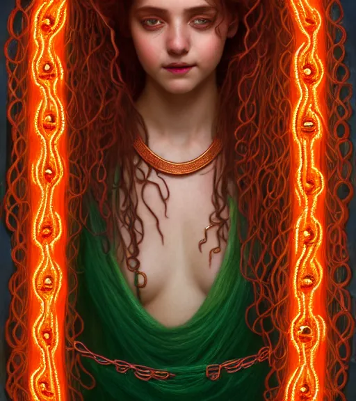 Prompt: portrait of teenage medusa, snake hair, naughty smile, wearing an embroidered orange tunic, intricate, sensual, sultry, elegant, copper and emerald jewelry, glowing lights, seductive, highly detailed, digital painting, artstation, concept art, smooth, sharp focus, illustration, art by wlop, mucha, artgerm, and greg rutkowski